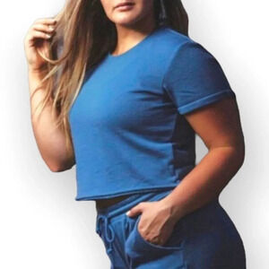 Alphalete Teal Blue  Cropped Crewneck Sweater Tee